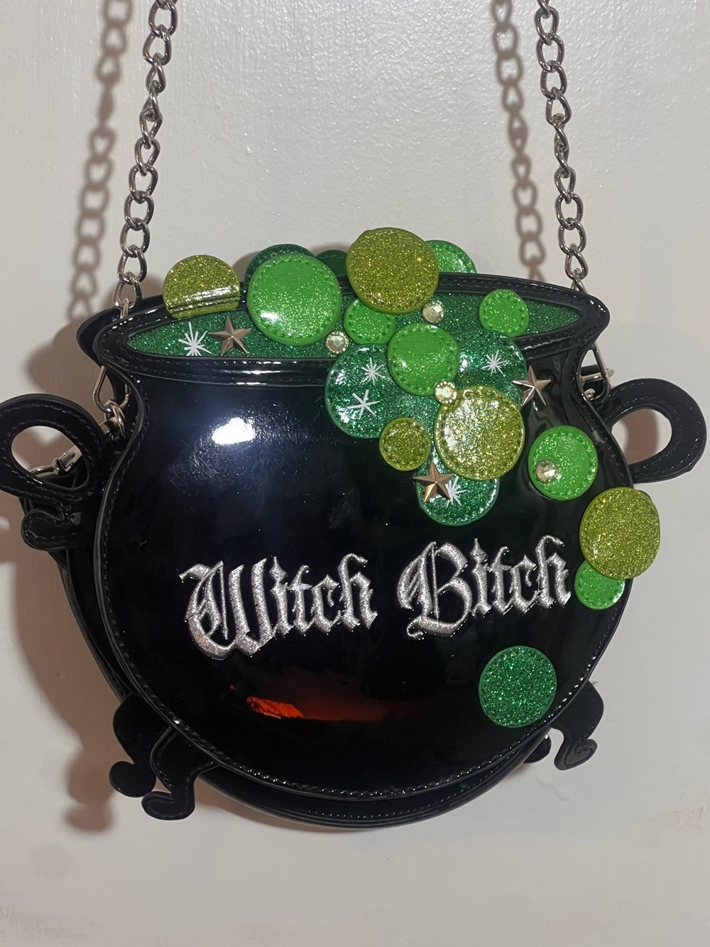 Witch *itch Black Cauldron Crossbody Bag with Green Accents